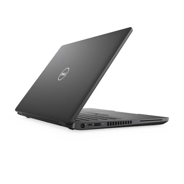 Dell laptop partially open, black finish, viewed from rear side angle on white background