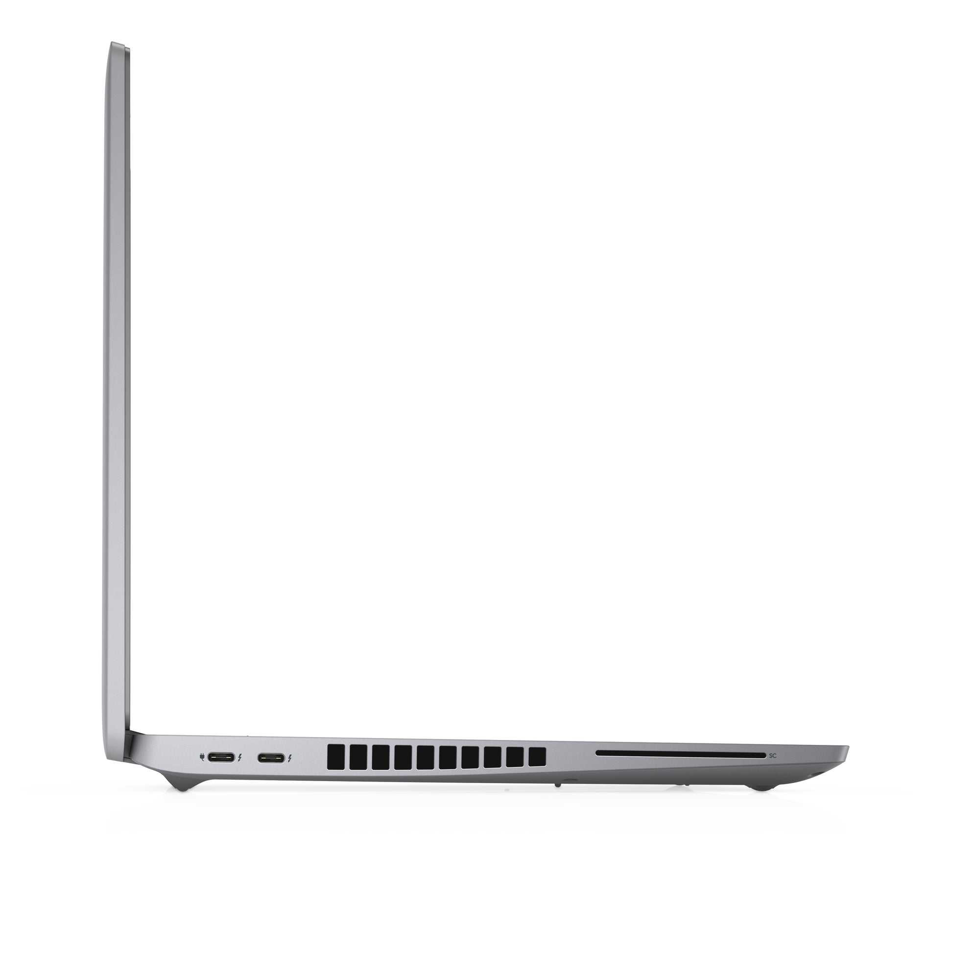 Side view of a modern silver laptop with USB-C ports, cooling vents, and SD card slot