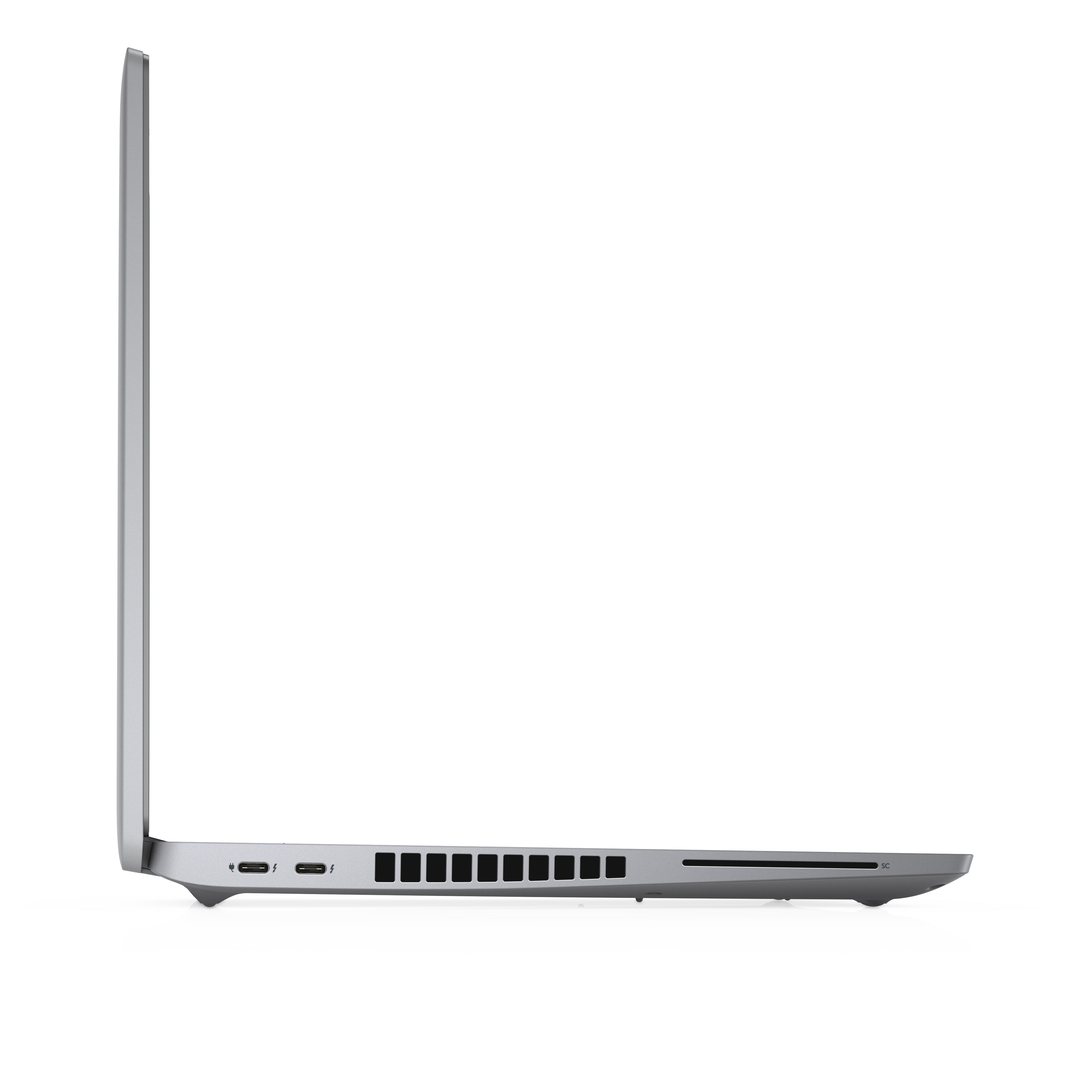 Side view of a modern silver laptop with USB-C ports, cooling vents, and SD card slot