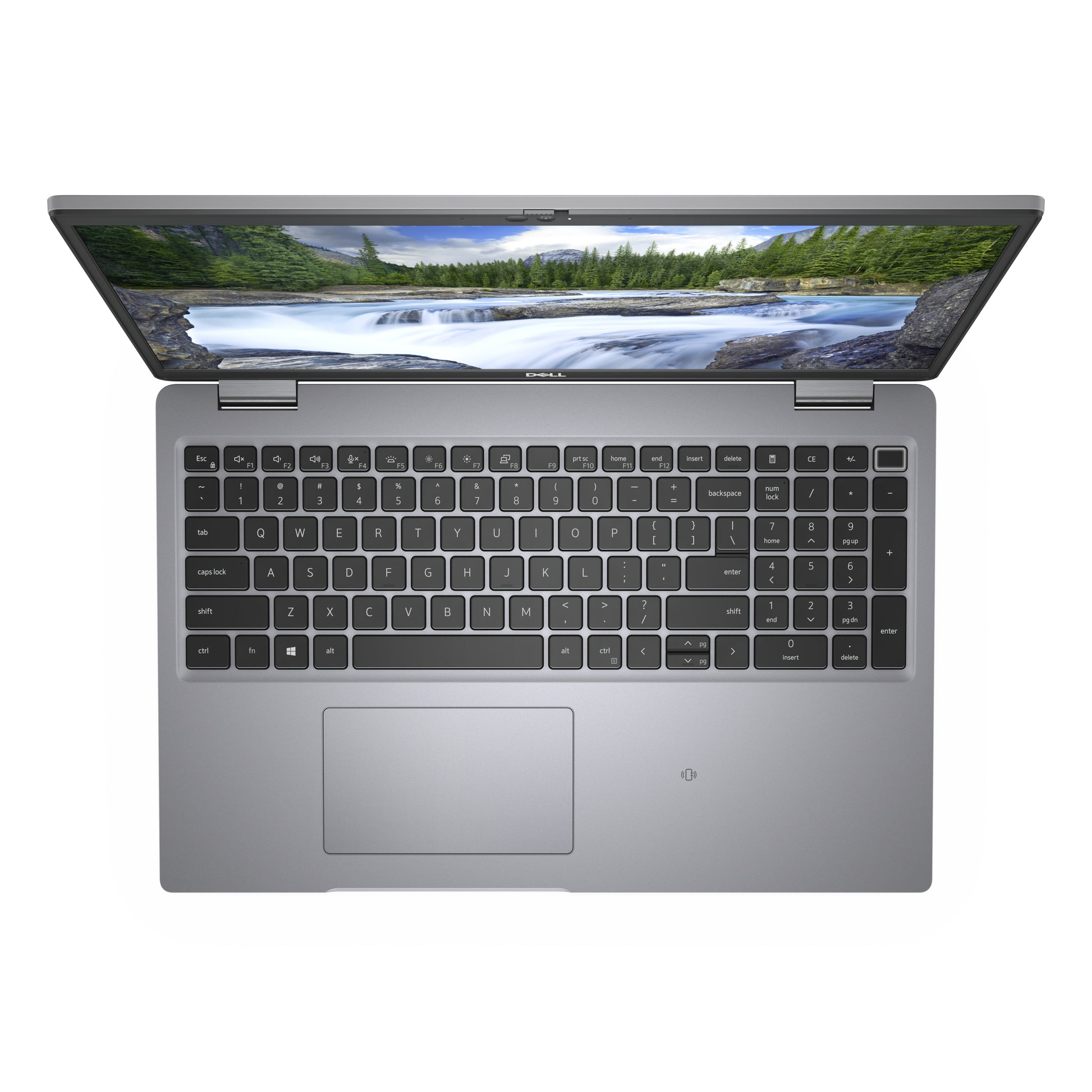 Refurbished Dell laptop open, silver keyboard, landscape on screen, top view