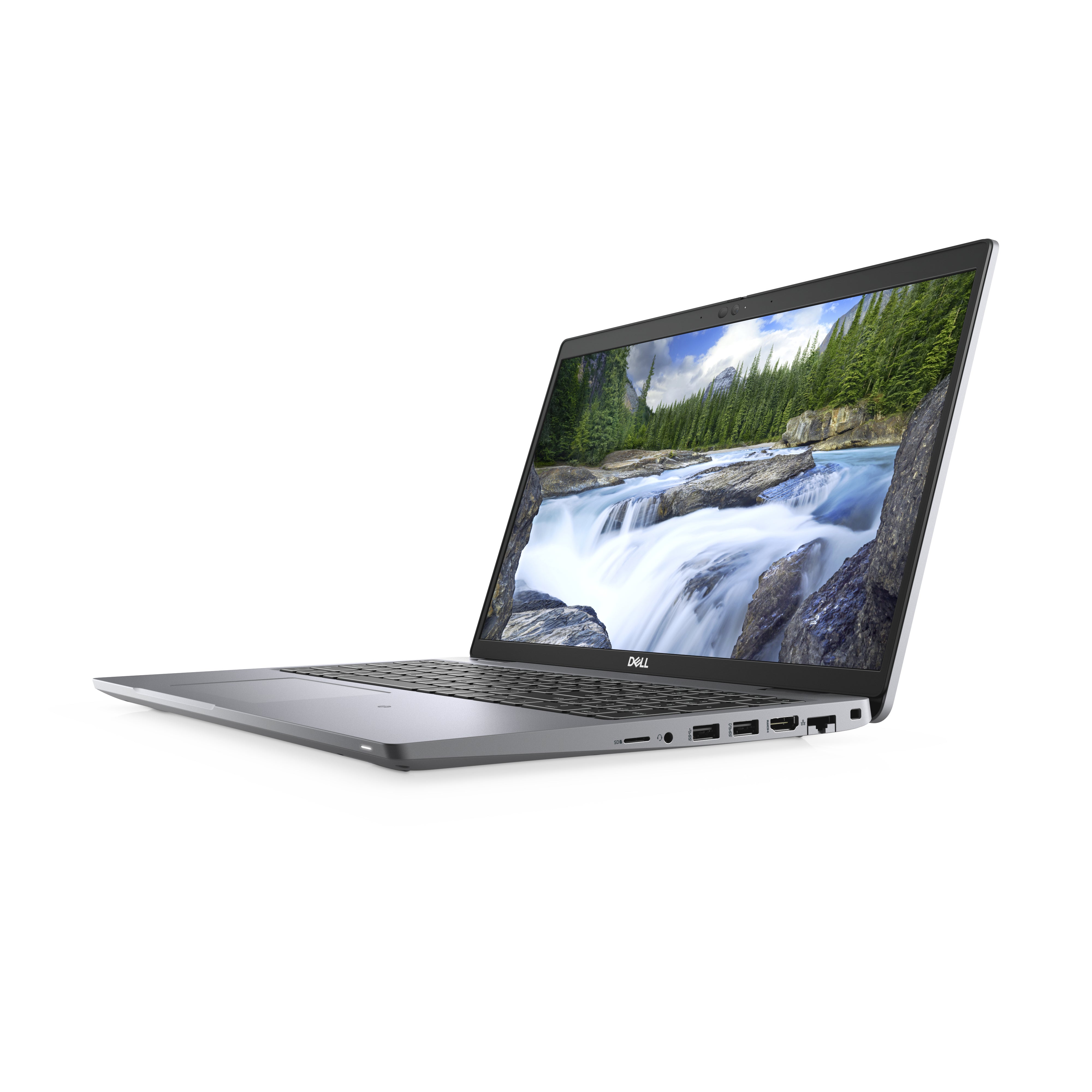 Refurbished Dell laptop in silver, open with nature scene on screen, right-side ports visible