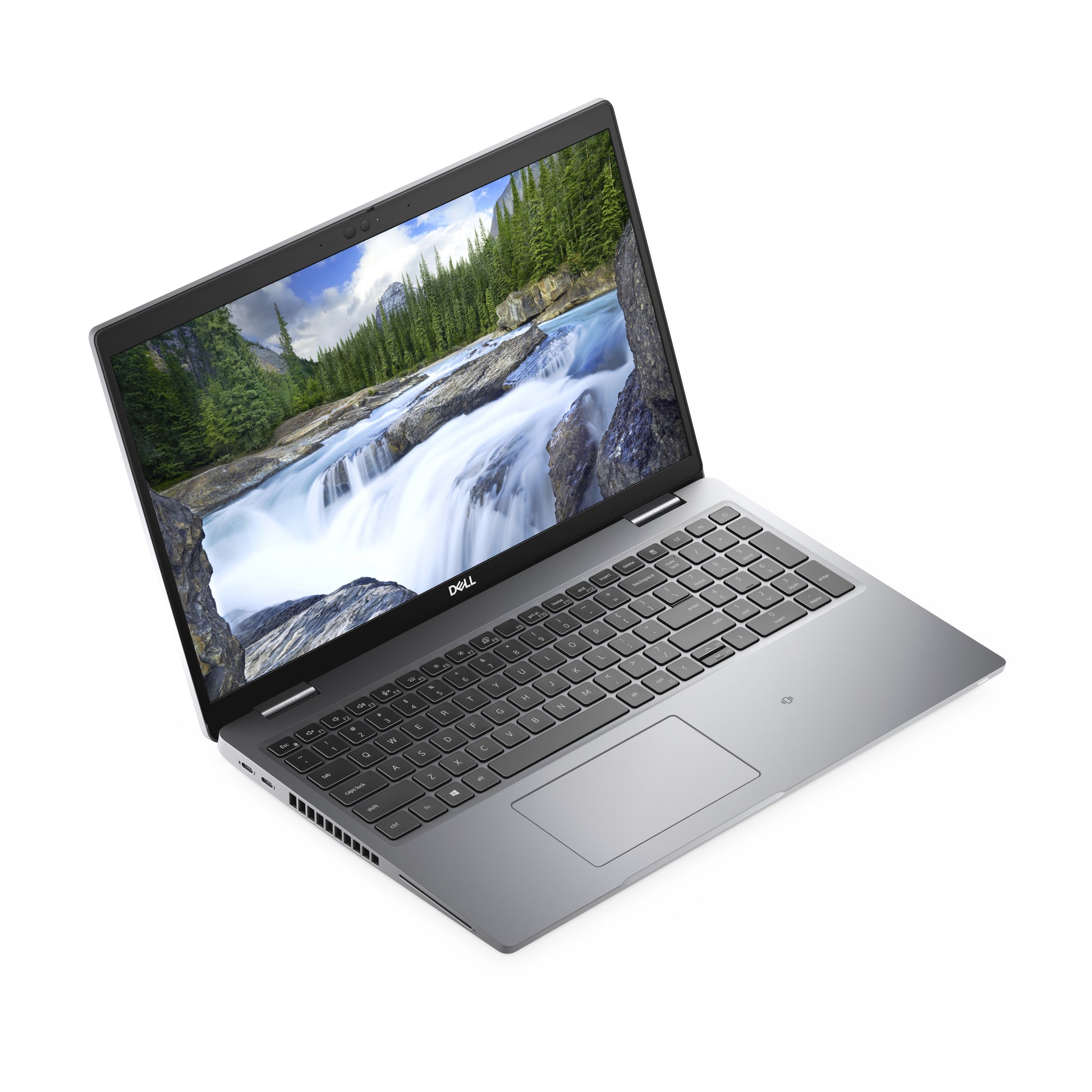 Dell laptop with silver body and open screen displaying a nature scene