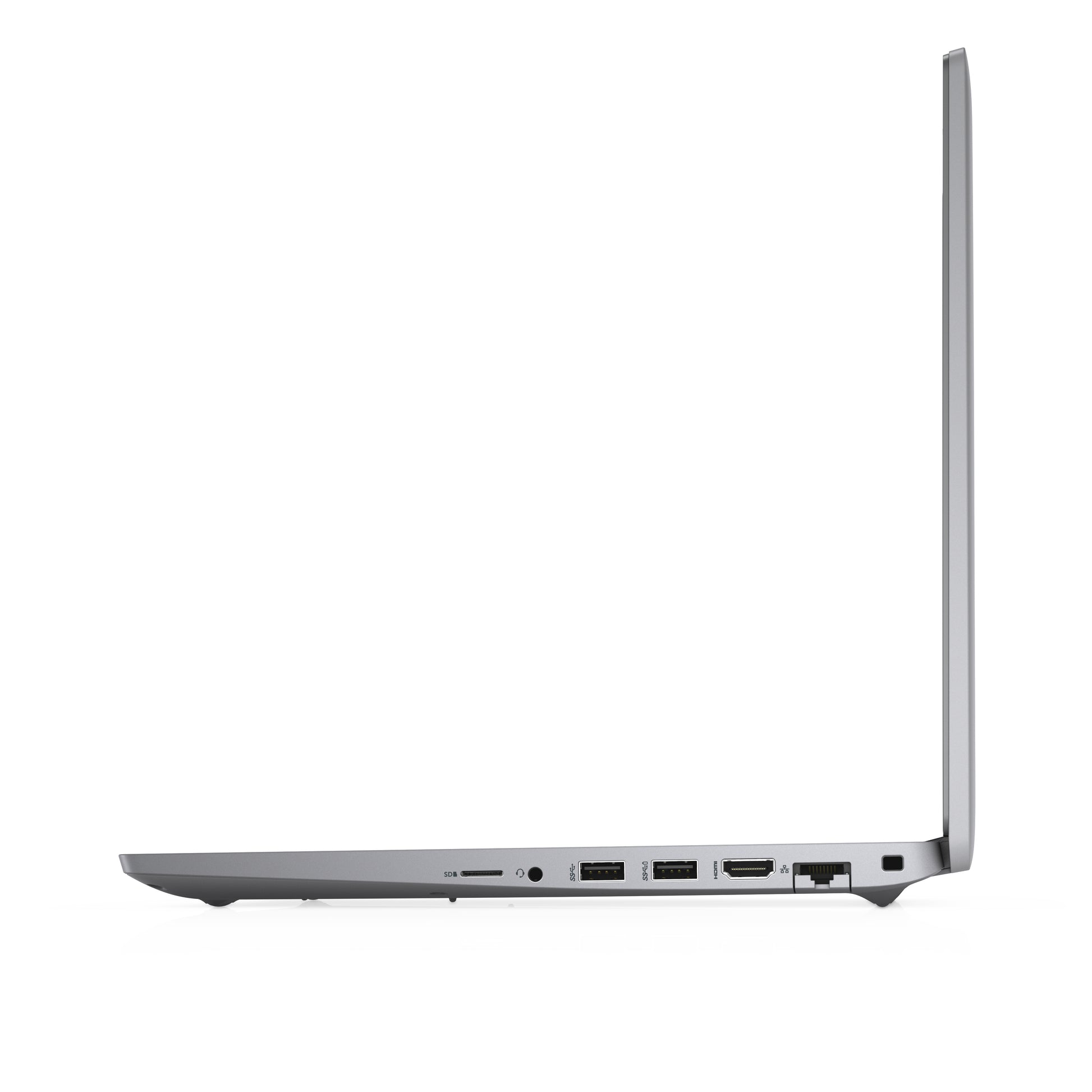 Side view of a silver laptop showing USB ports, HDMI port, Ethernet port, and SD card slot