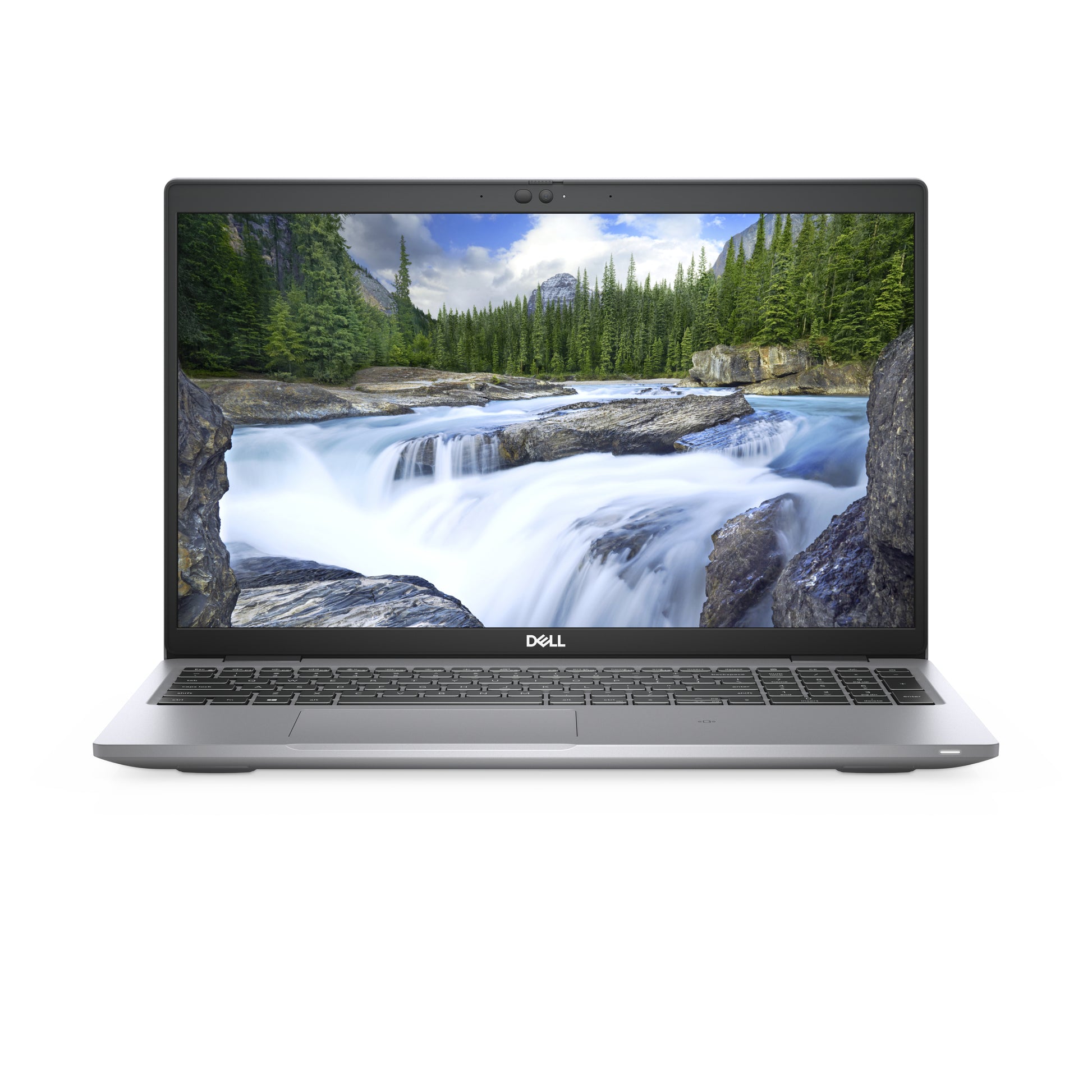 Dell laptop with grey body, open and displaying a scenic mountain and forest wallpaper