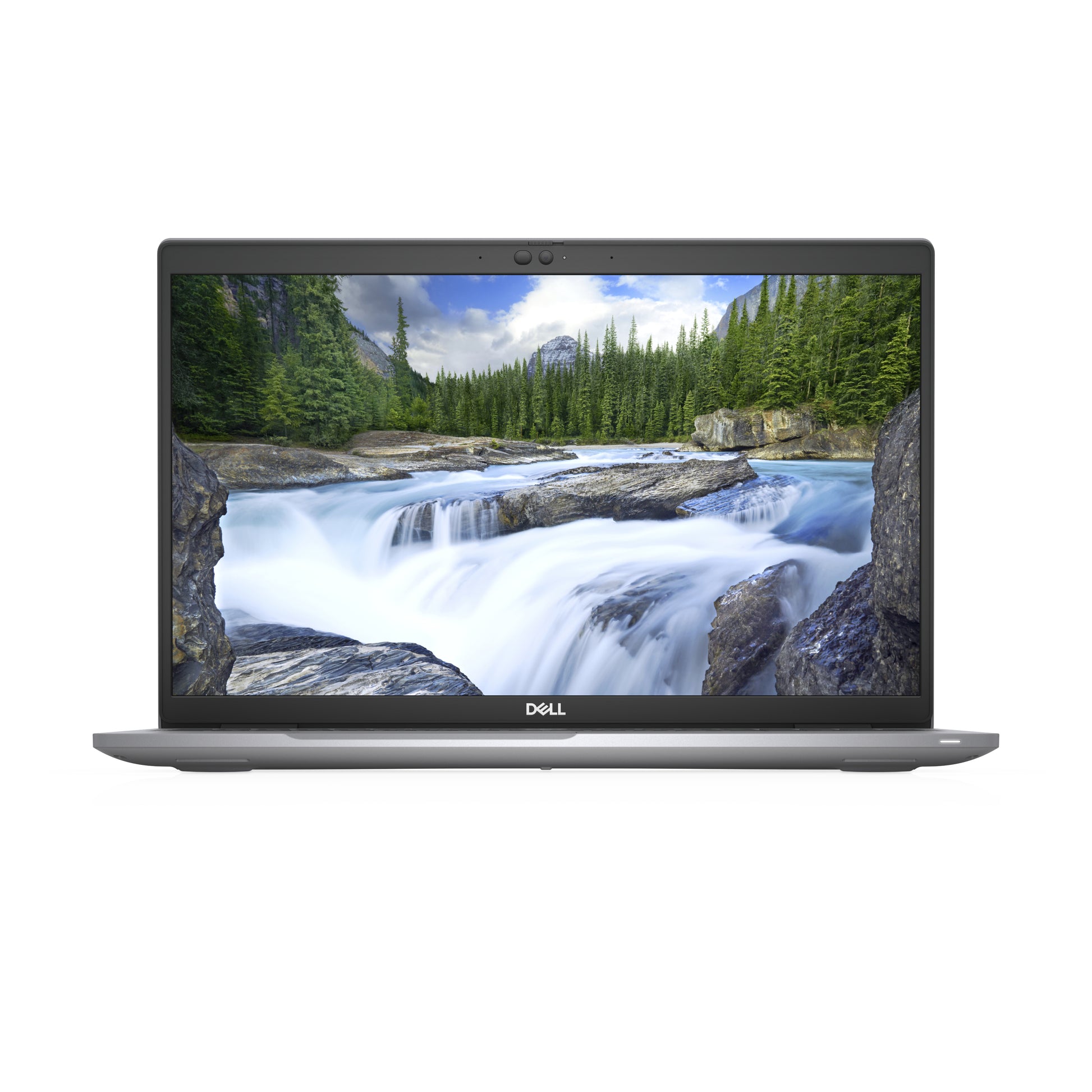 Dell laptop with nature scene on screen, refurbished tech computer, front view