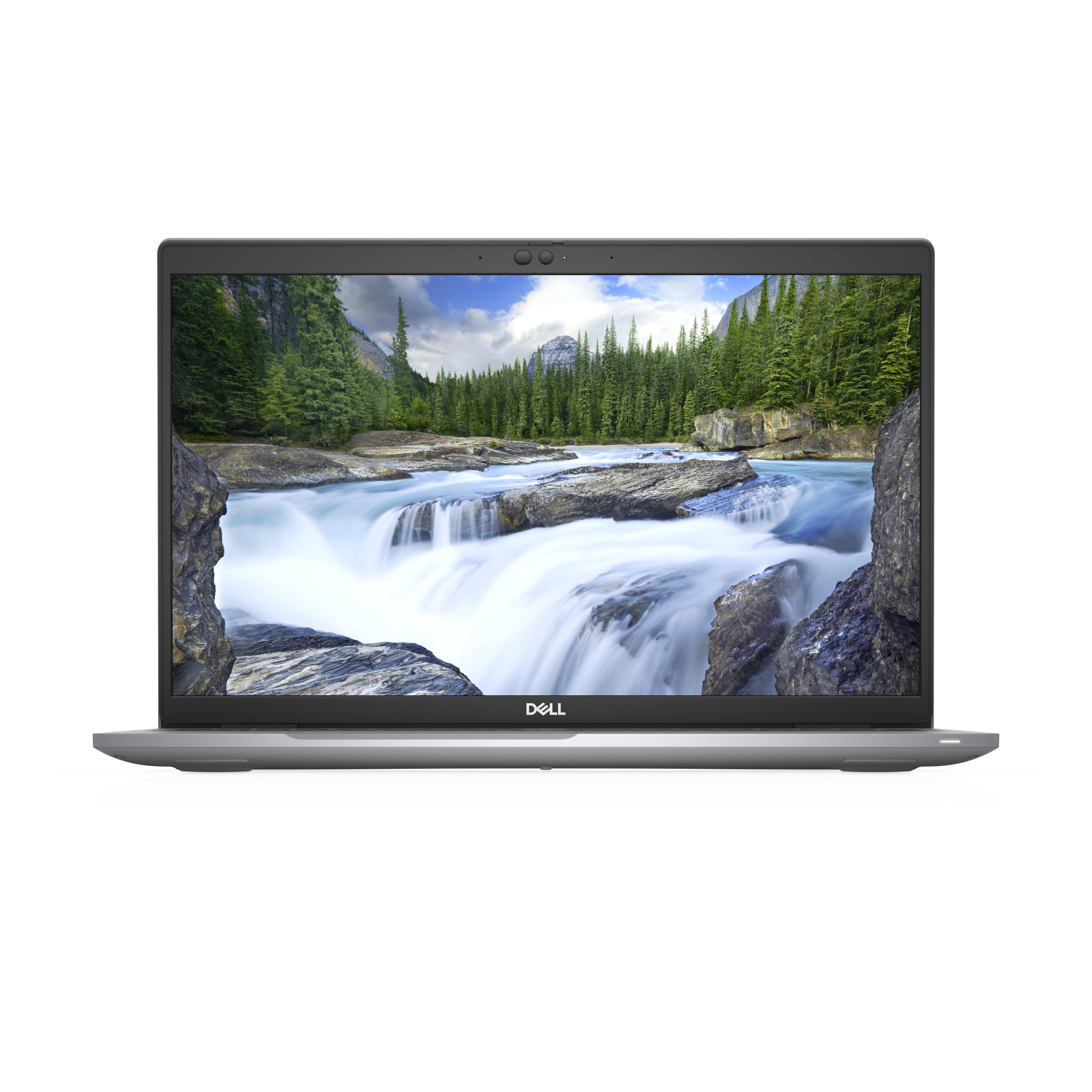 Dell laptop with nature scene on screen, refurbished tech computer, front view
