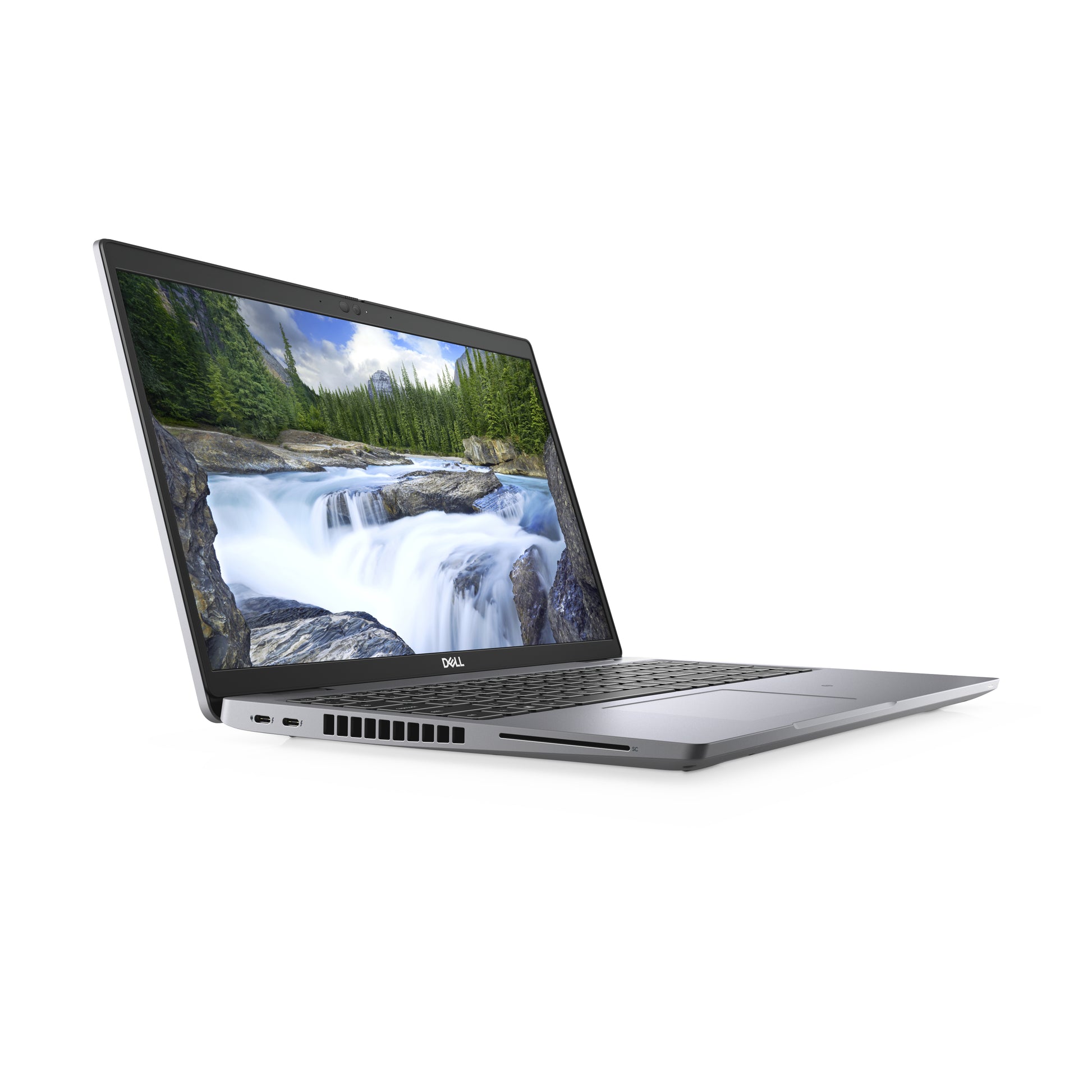 Dell laptop with landscape screen, angled open, silver body on white background