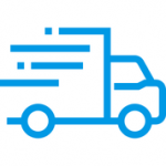 Fast shipping icon with blue delivery truck and motion lines