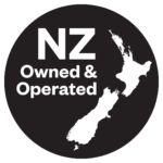 NZ owned and operated badge with New Zealand map icon