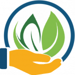 Eco-friendly icon with green leaves in a hand, symbolizing sustainability