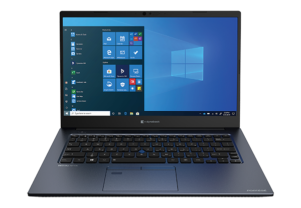 Open blue laptop with black keyboard displaying Windows 10 home screen