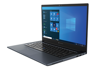 Refurbished ultra-thin laptop with Windows 10, black keyboard, and open screen display