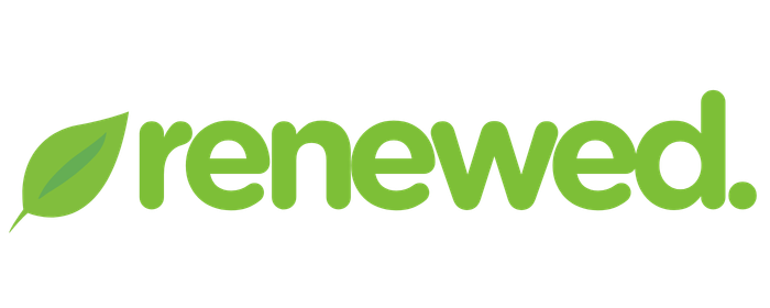Green renewed logo with leaf icon, symbolizing sustainable refurbished tech